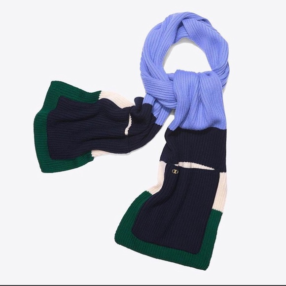 Tory Burch Blue Green White Gemini Link Striped Pockets Women's Scarf Colorblock - Picture 1 of 10